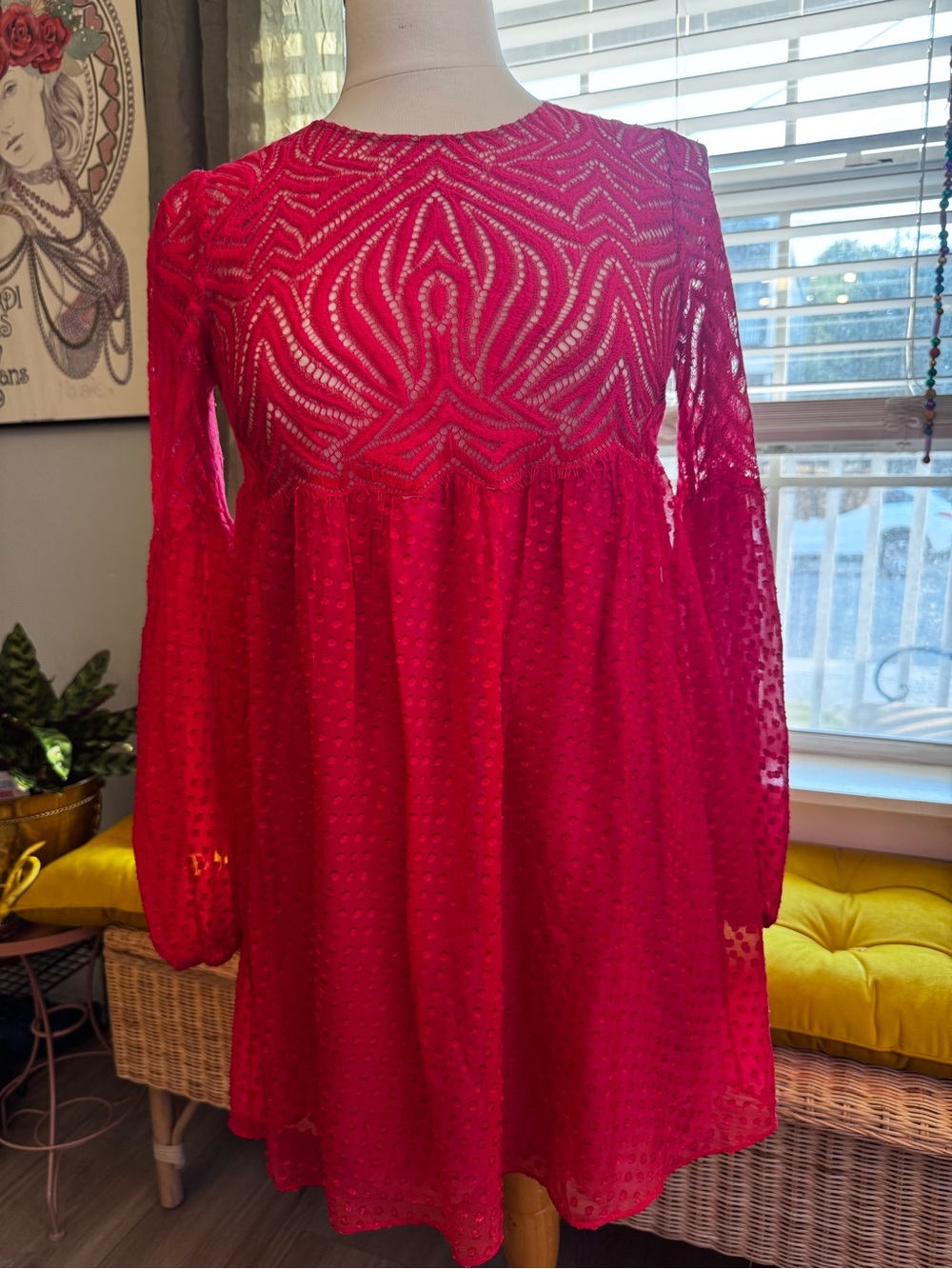BCBGMaxAzria Red Kitra Babydoll Lace Midi Dress